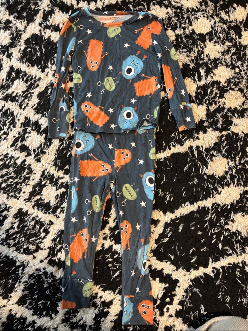 Posh Peanut Blue Kids Monster Pajama Set with Orange & Green Accents